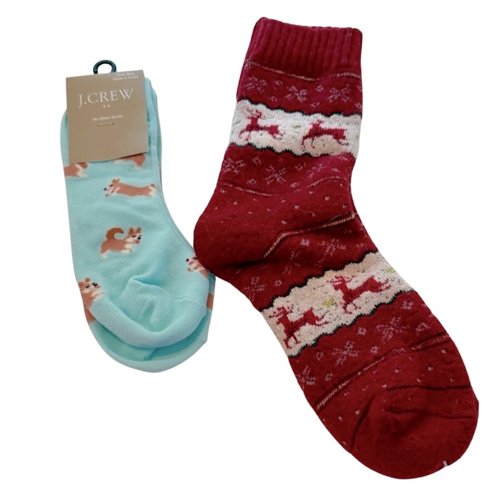 J. Crew Aqua Blue Corgi Dog Pattern No Show Socks & Red Reindeer Warm Socks